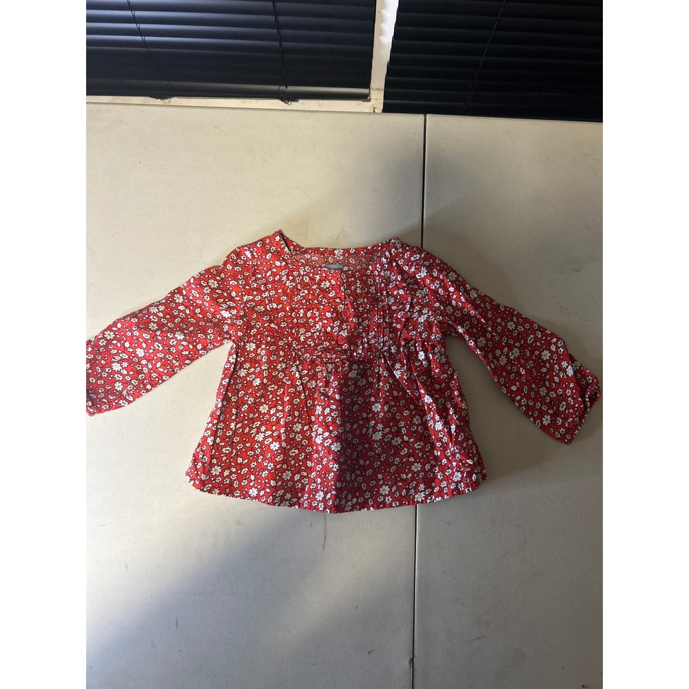 BabyGap Blouse Baby 12-18M Red Floral Long Sleeve Pleated Babydoll Top